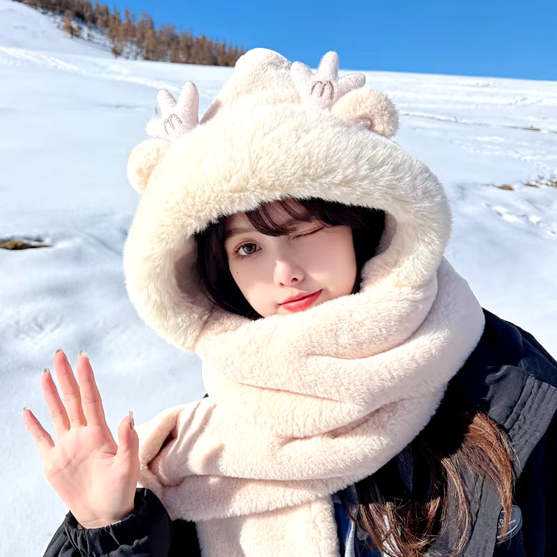 Dragon Horn Bear Hat Scarf One Female Winter Adult Gloves Cycling Thick Dragon Treasure 3-In-1 Small Antler Hat