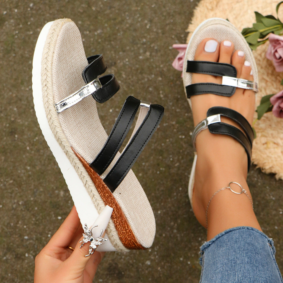Colorblock-Strap Wedges Sandals Summer Fashion Hemp Heel Slides Slippers Outdoor Thick Bottom Fish Mouth Shoes for Women