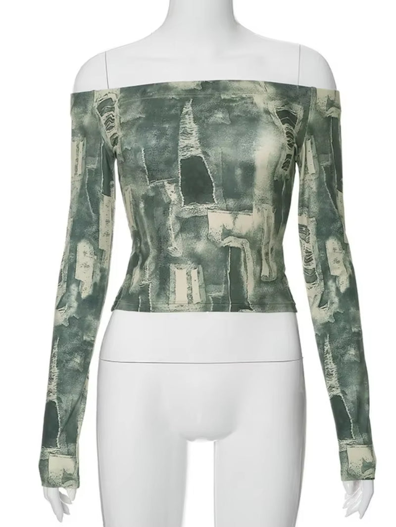 Vintage Tie-Dye Print Long Sleeve One-Line Collar Top for Women - Casual Y2K Streetwear Shirt