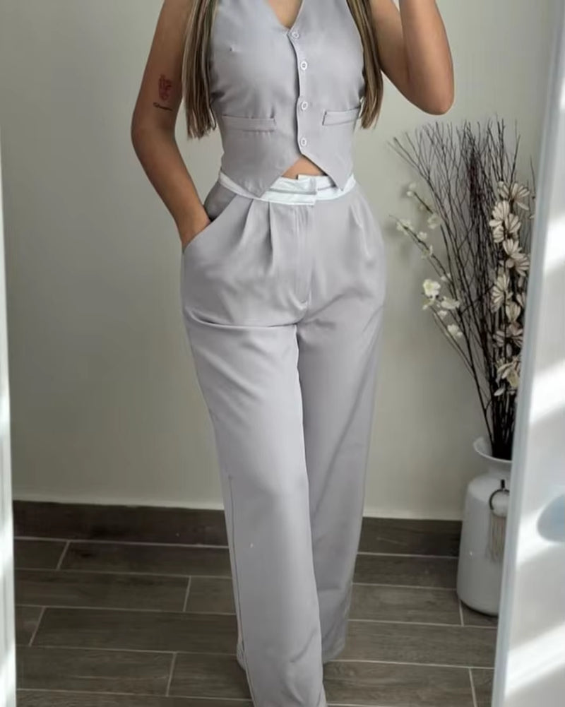 Women's 2024 Summer Casual Elegant V-Neck Twist Button Tank Top and Pocket Design Pants Set