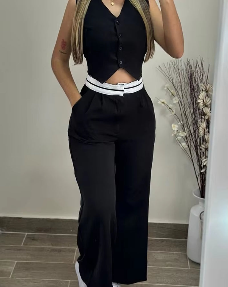 Women's 2024 Summer Casual Elegant V-Neck Twist Button Tank Top and Pocket Design Pants Set