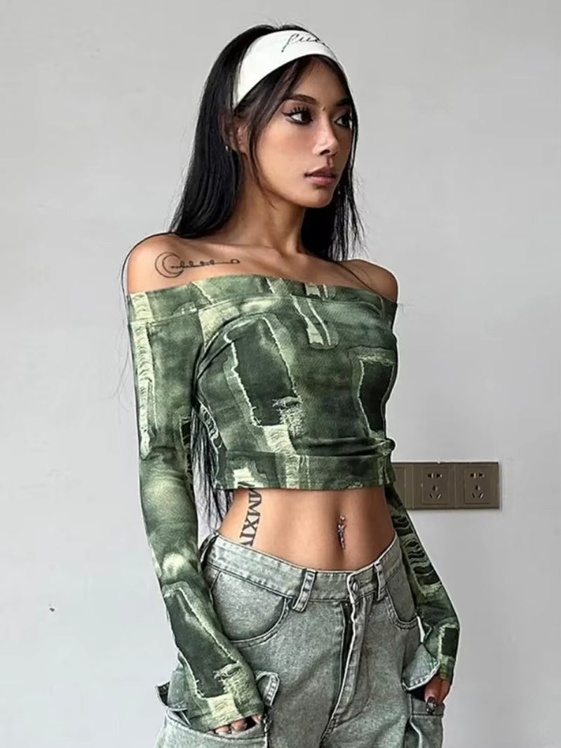 Vintage Tie-Dye Print Long Sleeve One-Line Collar Top for Women - Casual Y2K Streetwear Shirt