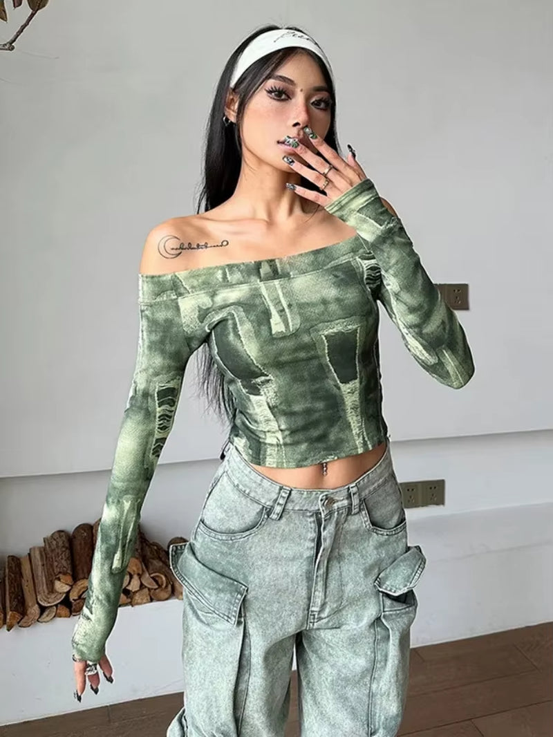 Vintage Tie-Dye Print Long Sleeve One-Line Collar Top for Women - Casual Y2K Streetwear Shirt