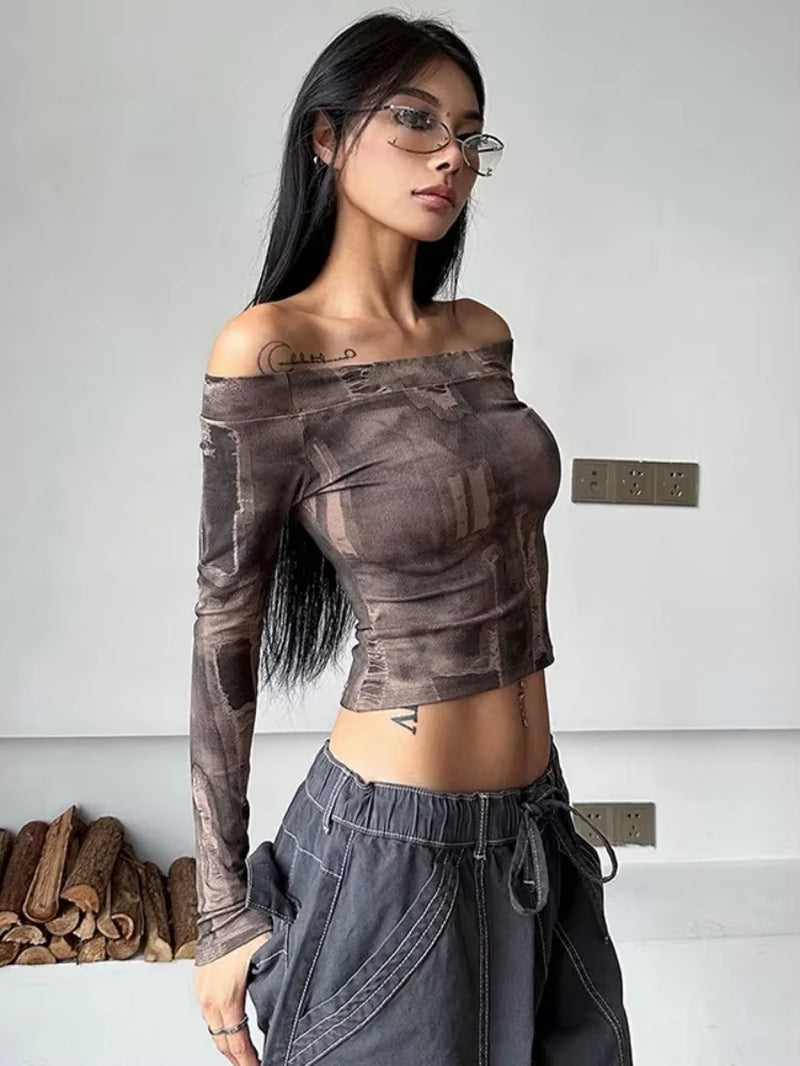 Vintage Tie-Dye Print Long Sleeve One-Line Collar Top for Women - Casual Y2K Streetwear Shirt