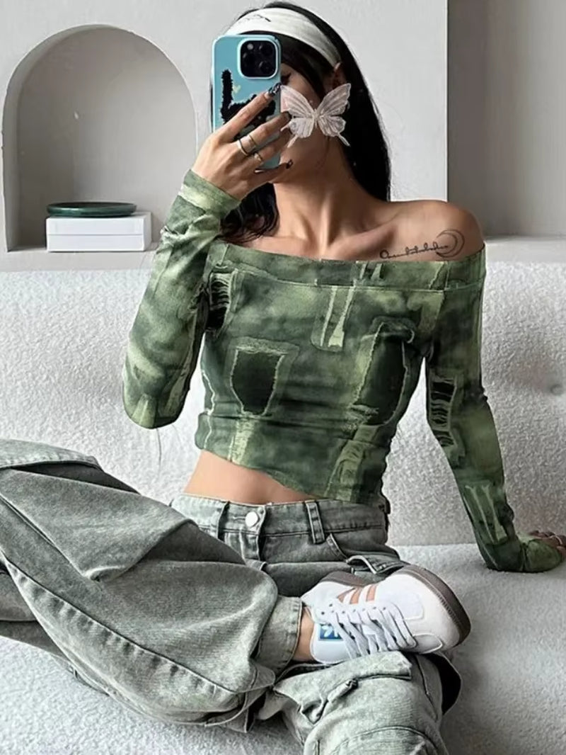 Vintage Tie-Dye Print Long Sleeve One-Line Collar Top for Women - Casual Y2K Streetwear Shirt