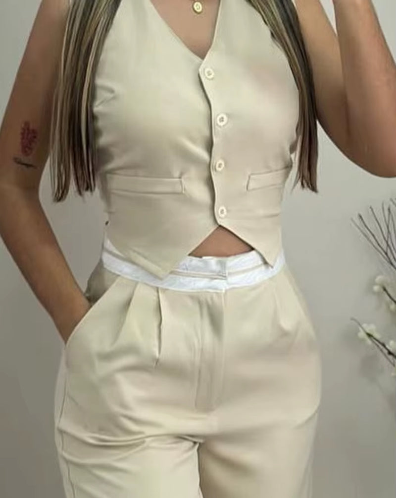 Women's 2024 Summer Casual Elegant V-Neck Twist Button Tank Top and Pocket Design Pants Set