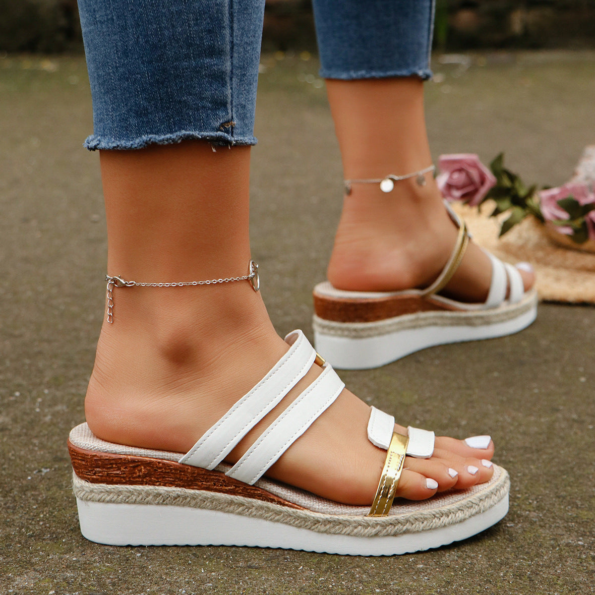 Colorblock-Strap Wedges Sandals Summer Fashion Hemp Heel Slides Slippers Outdoor Thick Bottom Fish Mouth Shoes for Women