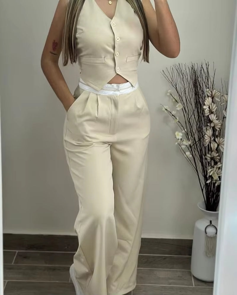 Women's 2024 Summer Casual Elegant V-Neck Twist Button Tank Top and Pocket Design Pants Set